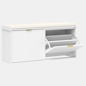 HOMCOM Banco Sapateira Móvel Sapateira Estreito Banco de Entrada com Assento Estofado 2 Caixas Rebatível e Painel de Ripas para Entrada Quarto Sala de Estar 104x26x47,5 cm Branco