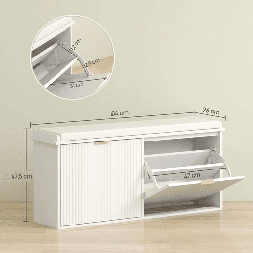 HOMCOM Banco Sapateira Móvel Sapateira Estreito Banco de Entrada com Assento Estofado 2 Caixas Rebatível e Painel de Ripas para Entrada Quarto Sala de Estar 104x26x47,5 cm Branco