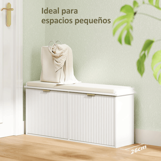 HOMCOM Banco Sapateira Móvel Sapateira Estreito Banco de Entrada com Assento Estofado 2 Caixas Rebatível e Painel de Ripas para Entrada Quarto Sala de Estar 104x26x47,5 cm Branco