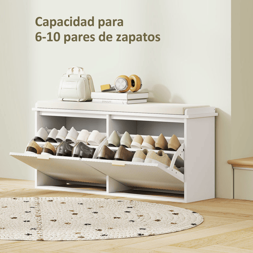 HOMCOM Banco Sapateira Móvel Sapateira Estreito Banco de Entrada com Assento Estofado 2 Caixas Rebatível e Painel de Ripas para Entrada Quarto Sala de Estar 104x26x47,5 cm Branco