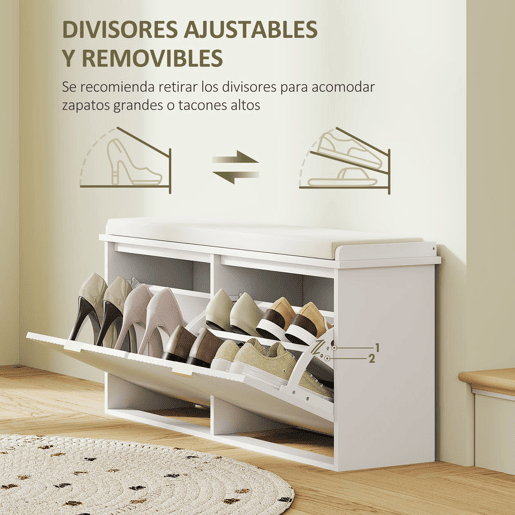 HOMCOM Banco Sapateira Móvel Sapateira Estreito Banco de Entrada com Assento Estofado 2 Caixas Rebatível e Painel de Ripas para Entrada Quarto Sala de Estar 104x26x47,5 cm Branco