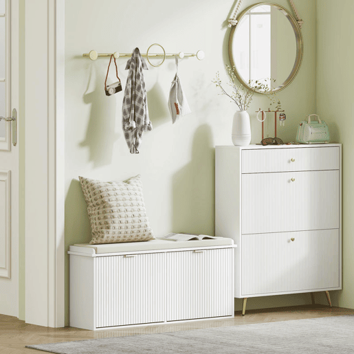 HOMCOM Banco Sapateira Móvel Sapateira Estreito Banco de Entrada com Assento Estofado 2 Caixas Rebatível e Painel de Ripas para Entrada Quarto Sala de Estar 104x26x47,5 cm Branco