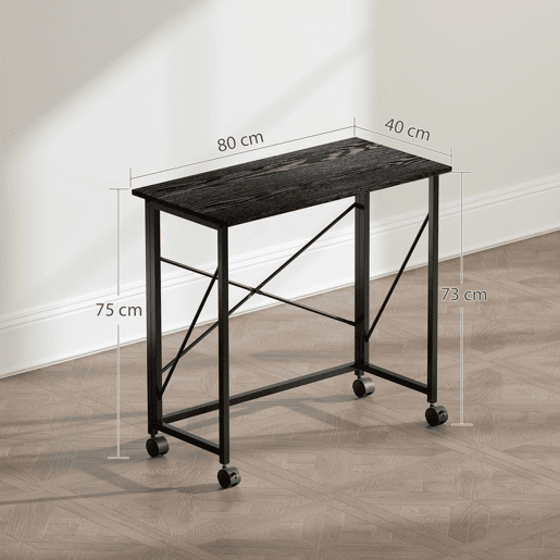 HOMCOM Secretária Dobrável com Rodas Mesa de Secretária Compacta Mesa para Computador Portátil para Casa Escritório Espaços Pequenos 80x40x75 cm Preto