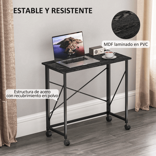 HOMCOM Secretária Dobrável com Rodas Mesa de Secretária Compacta Mesa para Computador Portátil para Casa Escritório Espaços Pequenos 80x40x75 cm Preto