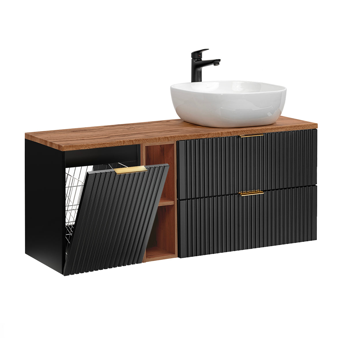 Mueble lavabo individual 140cm 2 compartimientos cesto adriel negro y madera