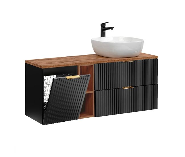 Mueble lavabo individual 140cm 2 compartimientos cesto adriel negro y madera