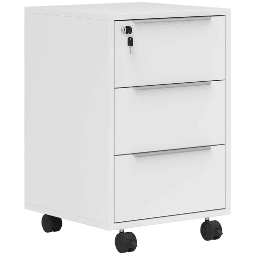 HOMCOM Arquivador Móvel de Escritório com 3 Gavetas Fechadura Rodas e Travão para Documentos Arquivos 40x40x63,5 cm Branco