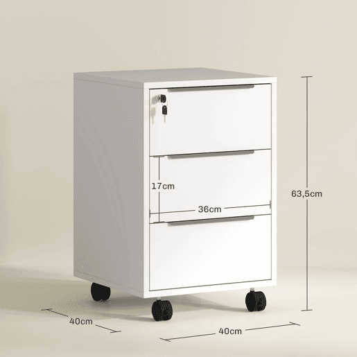 HOMCOM Arquivador Móvel de Escritório com 3 Gavetas Fechadura Rodas e Travão para Documentos Arquivos 40x40x63,5 cm Branco