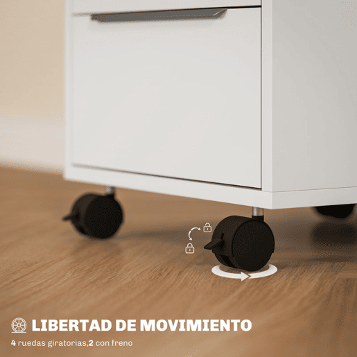HOMCOM Arquivador Móvel de Escritório com 3 Gavetas Fechadura Rodas e Travão para Documentos Arquivos 40x40x63,5 cm Branco