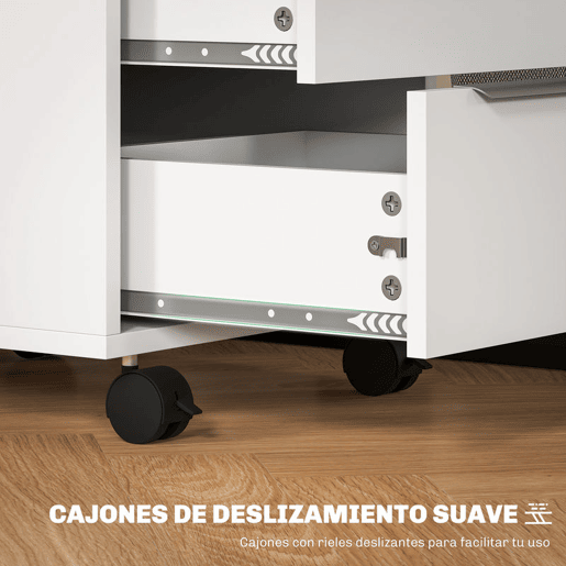 HOMCOM Arquivador Móvel de Escritório com 3 Gavetas Fechadura Rodas e Travão para Documentos Arquivos 40x40x63,5 cm Branco