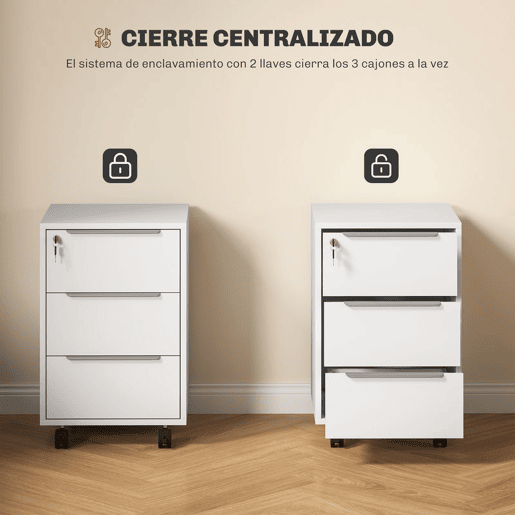 HOMCOM Arquivador Móvel de Escritório com 3 Gavetas Fechadura Rodas e Travão para Documentos Arquivos 40x40x63,5 cm Branco