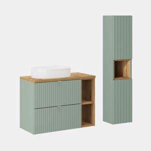 Móvel de lavatório simples 80cm 2 gavetas 2 nichos e coluna Verde Jade e Madeira