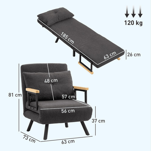 HOMCOM Poltrona Convertível em Cama Dobrável Poltrona 3 em 1 Convertível em Cama com Encosto Ajustável em 5 Níveis e Almofada Acolchoada para Escritório Sala de Estar Carga 120 kg 63x73x81 cm Cinza