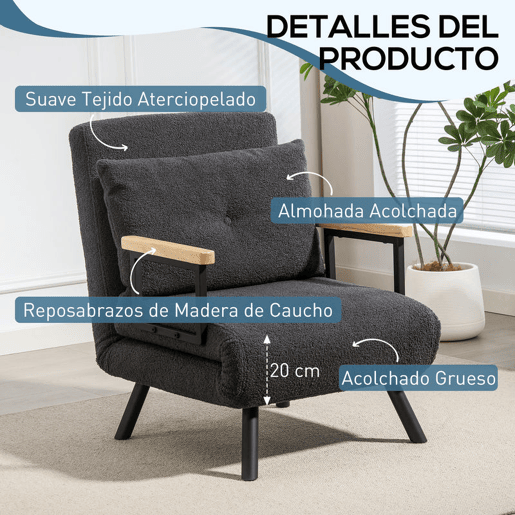 HOMCOM Poltrona Convertível em Cama Dobrável Poltrona 3 em 1 Convertível em Cama com Encosto Ajustável em 5 Níveis e Almofada Acolchoada para Escritório Sala de Estar Carga 120 kg 63x73x81 cm Cinza