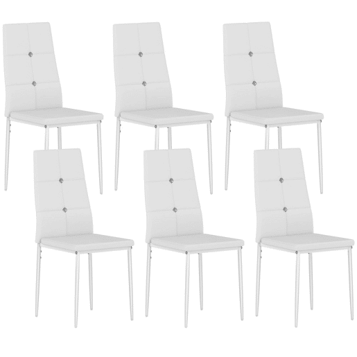 HOMCOM Conjunto de 6 Cadeiras de Sala de Jantar Estofadas em PU Cadeiras de Cozinha com Encosto Alto com Botões e Pernas de Aço Desenho Moderno para Sala de Estar Quarto 41x50x97 cm Branco