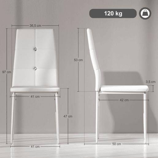 HOMCOM Conjunto de 6 Cadeiras de Sala de Jantar Estofadas em PU Cadeiras de Cozinha com Encosto Alto com Botões e Pernas de Aço Desenho Moderno para Sala de Estar Quarto 41x50x97 cm Branco
