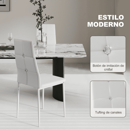 HOMCOM Conjunto de 6 Cadeiras de Sala de Jantar Estofadas em PU Cadeiras de Cozinha com Encosto Alto com Botões e Pernas de Aço Desenho Moderno para Sala de Estar Quarto 41x50x97 cm Branco