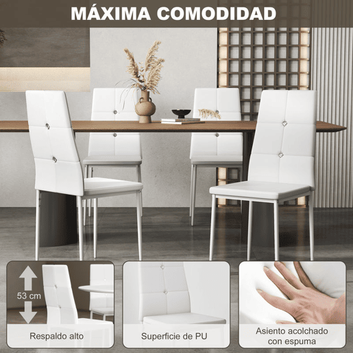 HOMCOM Conjunto de 6 Cadeiras de Sala de Jantar Estofadas em PU Cadeiras de Cozinha com Encosto Alto com Botões e Pernas de Aço Desenho Moderno para Sala de Estar Quarto 41x50x97 cm Branco