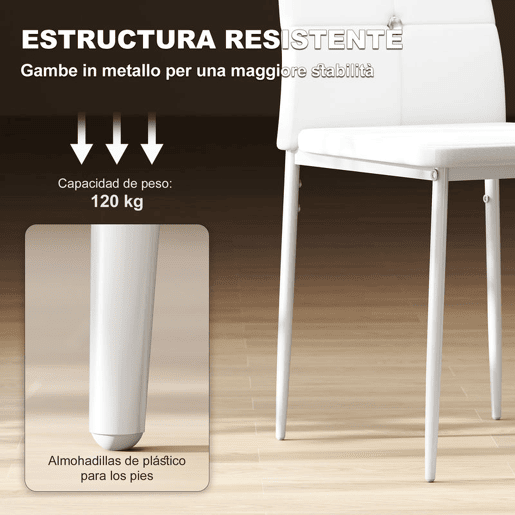 HOMCOM Conjunto de 6 Cadeiras de Sala de Jantar Estofadas em PU Cadeiras de Cozinha com Encosto Alto com Botões e Pernas de Aço Desenho Moderno para Sala de Estar Quarto 41x50x97 cm Branco