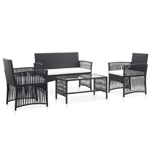 Móveis de jardim móveis de exterior Conjunto de móveis de 4 peças com almofada de resina tecida preta 02_0016075 Móveis de jardim móveis de exterior Conjunto de móveis de 4 peças com almofada de resina tecida preta 02_0016075