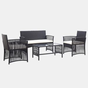 Móveis de jardim móveis de exterior Conjunto de móveis de 4 peças com almofada de resina tecida preta 02_0016075