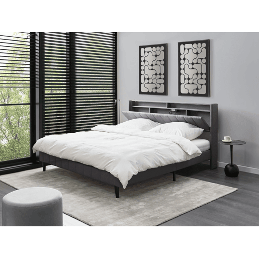 Cama com LED Tecido BEAULIEU 180 x 200 cm com arrumação com entrada USB Cinzento escuro