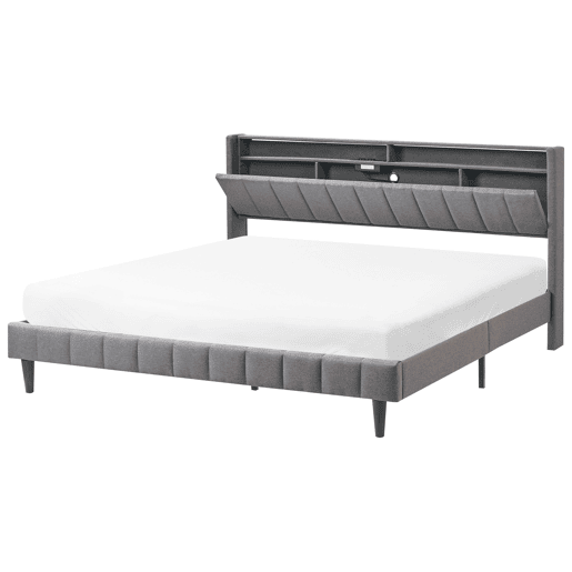 Cama com LED Tecido BEAULIEU 180 x 200 cm com arrumação com entrada USB Cinzento escuro