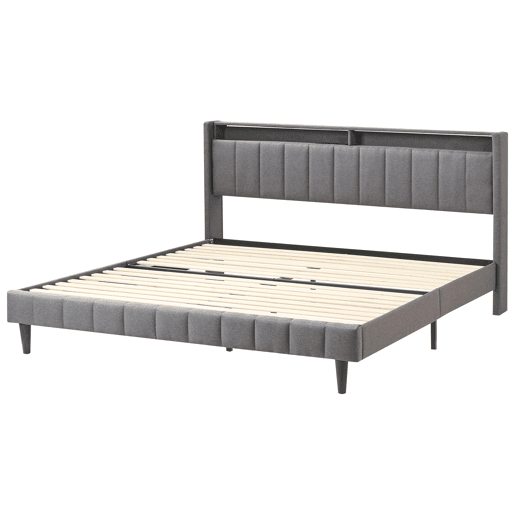 Cama com LED Tecido BEAULIEU 180 x 200 cm com arrumação com entrada USB Cinzento escuro