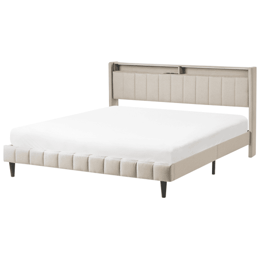 Cama com LED Tecido BEAULIEU 180 x 200 cm com arrumação com entrada USB Creme Cama com LED Tecido BEAULIEU 180 x 200 cm com arrumação com entrada USB Creme