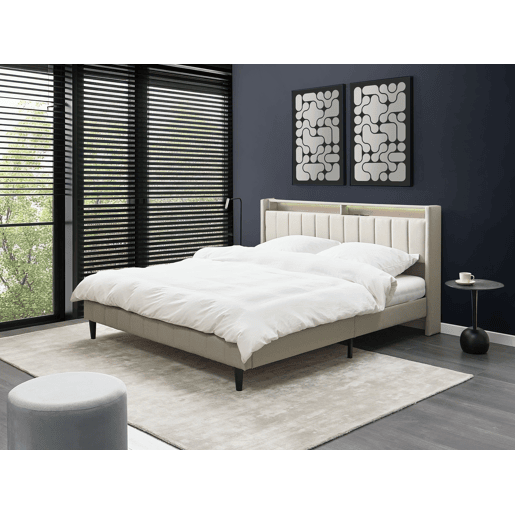 Cama com LED Tecido BEAULIEU 180 x 200 cm com arrumação com entrada USB Creme Cama com LED Tecido BEAULIEU 180 x 200 cm com arrumação com entrada USB Creme
