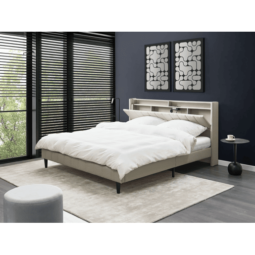 Cama com LED Tecido BEAULIEU 180 x 200 cm com arrumação com entrada USB Creme Cama com LED Tecido BEAULIEU 180 x 200 cm com arrumação com entrada USB Creme