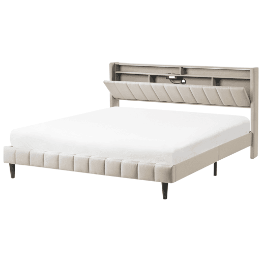 Cama com LED Tecido BEAULIEU 180 x 200 cm com arrumação com entrada USB Creme Cama com LED Tecido BEAULIEU 180 x 200 cm com arrumação com entrada USB Creme
