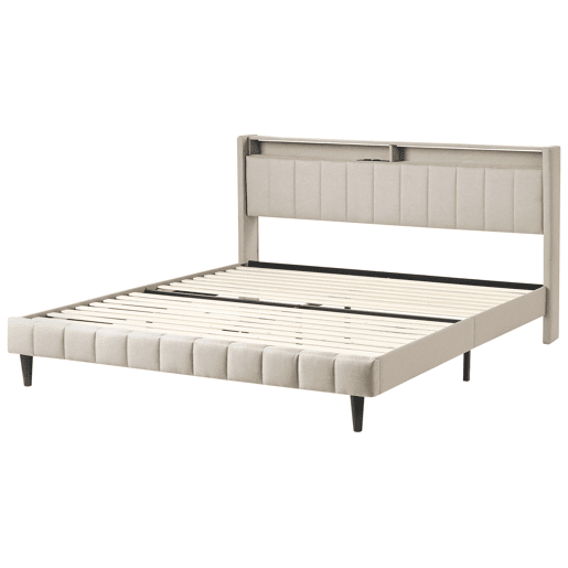 Cama com LED Tecido BEAULIEU 180 x 200 cm com arrumação com entrada USB Creme Cama com LED Tecido BEAULIEU 180 x 200 cm com arrumação com entrada USB Creme