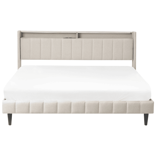 Cama com LED Tecido BEAULIEU 180 x 200 cm com arrumação com entrada USB Creme Cama com LED Tecido BEAULIEU 180 x 200 cm com arrumação com entrada USB Creme