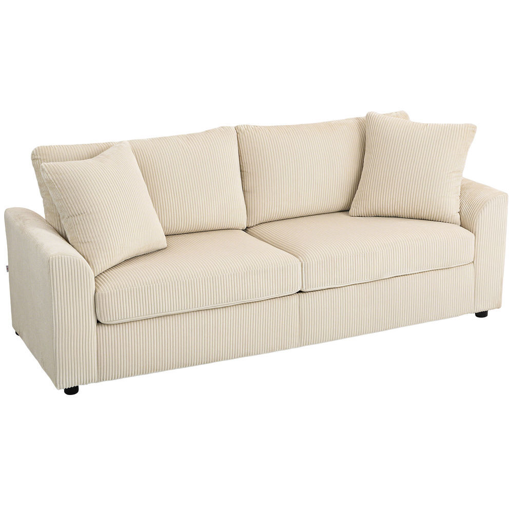 Homcom sofá de 3 plazas sofá de salón 212x80x88 cm tapizado en pana con 2 almohadas reposabrazos y cojín de muelles diseño moderno para sala de estar dormitorio crema