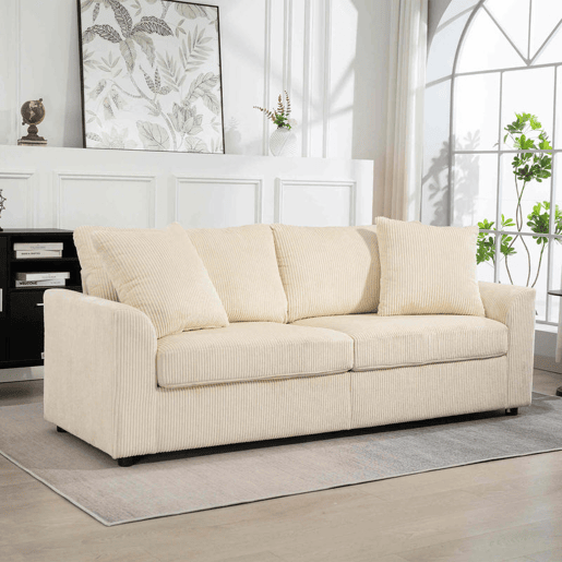 HOMCOM Sofá de 3 Lugares Moderno 212x80x88 cm Sofá Sala de Estar Estofado com 2 Almofadas Apoio de Braços e Estrutura de Aço para Sala de Estar Quarto Escritório em Casa Creme