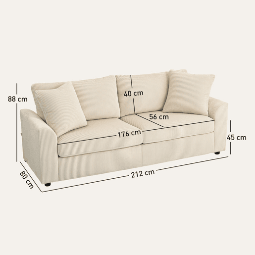 HOMCOM Sofá de 3 Lugares Moderno 212x80x88 cm Sofá Sala de Estar Estofado com 2 Almofadas Apoio de Braços e Estrutura de Aço para Sala de Estar Quarto Escritório em Casa Creme
