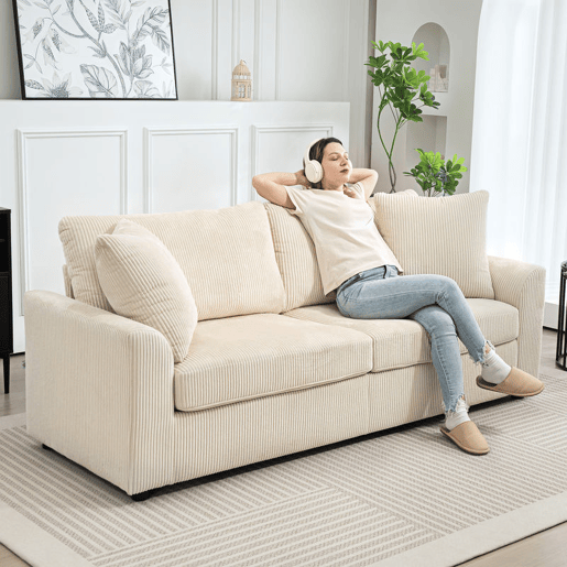 HOMCOM Sofá de 3 Lugares Moderno 212x80x88 cm Sofá Sala de Estar Estofado com 2 Almofadas Apoio de Braços e Estrutura de Aço para Sala de Estar Quarto Escritório em Casa Creme