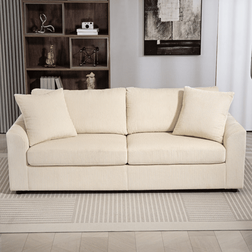 HOMCOM Sofá de 3 Lugares Moderno 212x80x88 cm Sofá Sala de Estar Estofado com 2 Almofadas Apoio de Braços e Estrutura de Aço para Sala de Estar Quarto Escritório em Casa Creme
