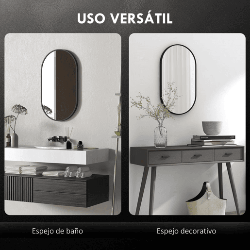 HOMCOM Espelho Casa de Banho Oval 40x3x70 cm Espelho Decorativo de Parede com Estrutura de Liga de Alumínio para Sala de Estar Entrada Corredor Horizontal ou Vertical Preto