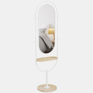 HOMCOM Espelho de Pé 50x175,5 cm Espelho de Corpo Inteiro com Bandeja de Madeira 4 Ganchos e Estrutura de Metal para Sala de Estar Quarto 50x40x175,5 cm Branco