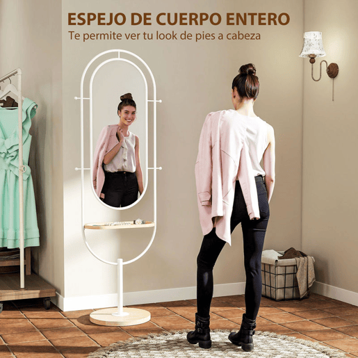 HOMCOM Espelho de Pé 50x175,5 cm Espelho de Corpo Inteiro com Bandeja de Madeira 4 Ganchos e Estrutura de Metal para Sala de Estar Quarto 50x40x175,5 cm Branco