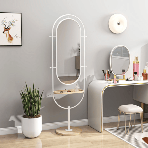 HOMCOM Espelho de Pé 50x175,5 cm Espelho de Corpo Inteiro com Bandeja de Madeira 4 Ganchos e Estrutura de Metal para Sala de Estar Quarto 50x40x175,5 cm Branco