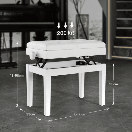 HOMCOM Banco de Piano com Espaço de Armazenamento e Altura Ajustável Banco para Piano com Assento Acolchoado Carga 200 kg 54,5x33x48-58 cm Branco