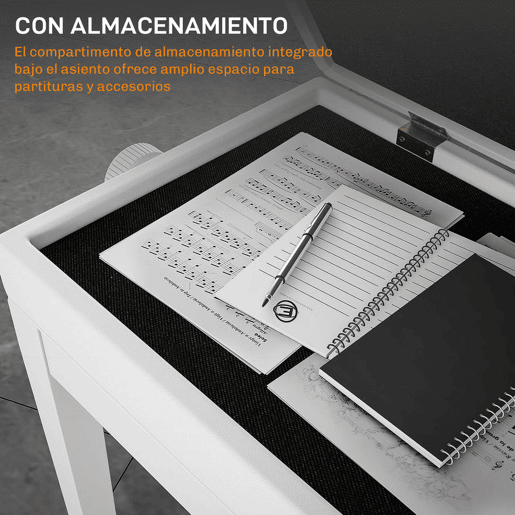HOMCOM Banco de Piano com Espaço de Armazenamento e Altura Ajustável Banco para Piano com Assento Acolchoado Carga 200 kg 54,5x33x48-58 cm Branco