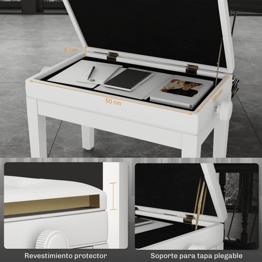 HOMCOM Banco de Piano com Espaço de Armazenamento e Altura Ajustável Banco para Piano com Assento Acolchoado Carga 200 kg 54,5x33x48-58 cm Branco