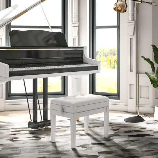 HOMCOM Banco de Piano com Espaço de Armazenamento e Altura Ajustável Banco para Piano com Assento Acolchoado Carga 200 kg 54,5x33x48-58 cm Branco