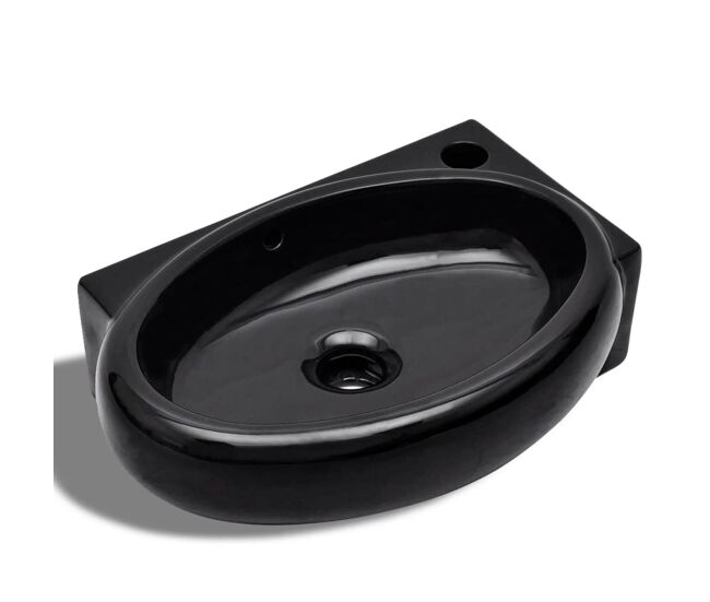 Vidaxl lavabo redondo de cerámica con orificio de grifo/desagüe negro