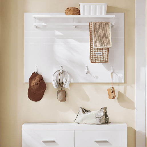Cabide de parede com 1 barra Prateleira de entrada com 4 ganchos e 1 prateleira Branco 100 x 70 cm FHK36-W SoBuy PT
