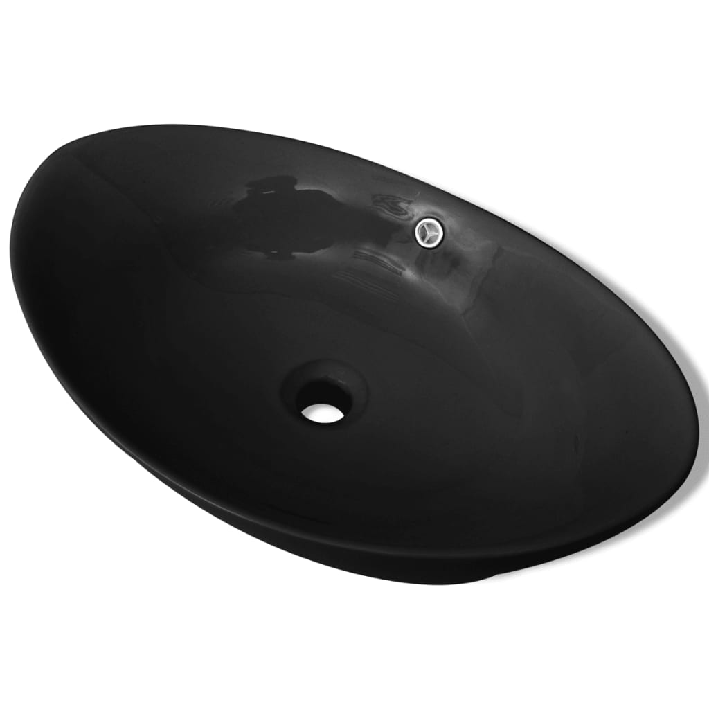 Lavabo oval de cerámica negra de lujo con desagüe, 59 x 38,5 cm